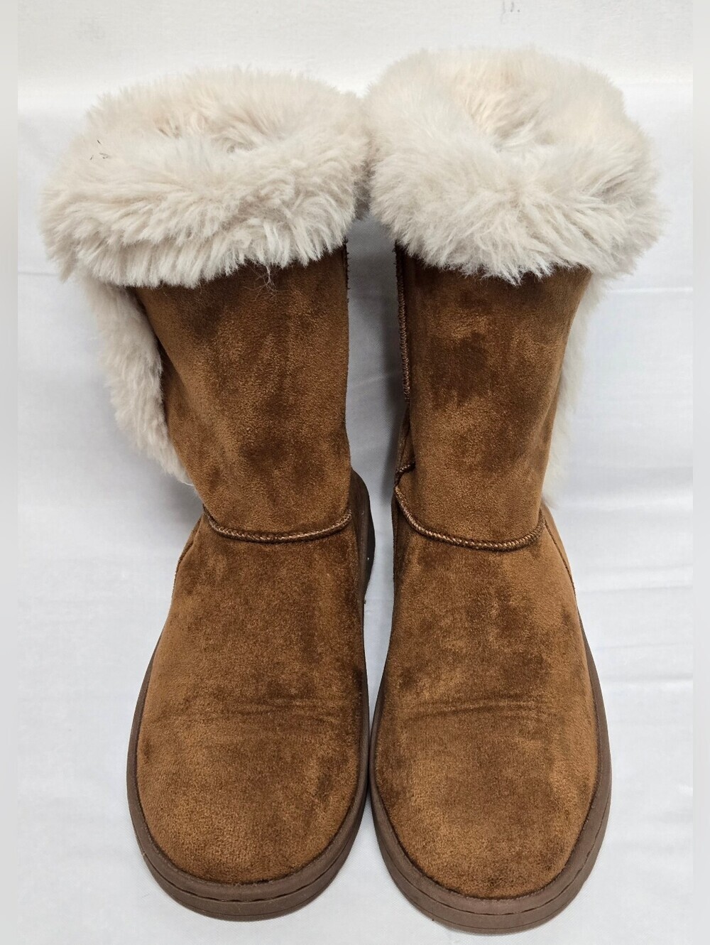 SO Boots Sophia Chestnut Pull On Faux Suede Faux Fur Lined Decorative Buttons 4